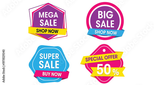 Set of top ten badges and labels in various colors and shapes