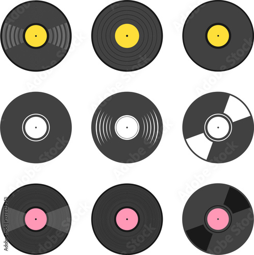 Vector set of vinyl record icons in different styles with colorful labels for music design