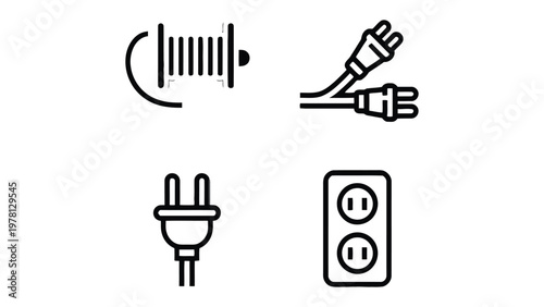 Electrical Components Illustration: A set of clean line illustrations featuring various electrical components like a spool of wire, a cable, a plug, and an outlet.