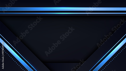Abstract futuristic dark background with blue metallic geometric layers and glowing neon lines, high tech digital displays and corporate presentation web banners modern