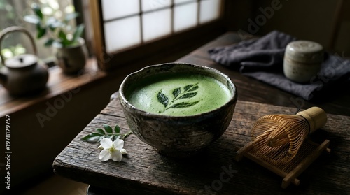 Traditional Japanese Matcha Green Tea Latte with Leaf Art and Bamboo Whisk