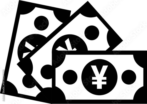 Black cash flow icon with Japanese Yen and Chinese Yuan currency notes representing financial liquidity money management revenue stream and business