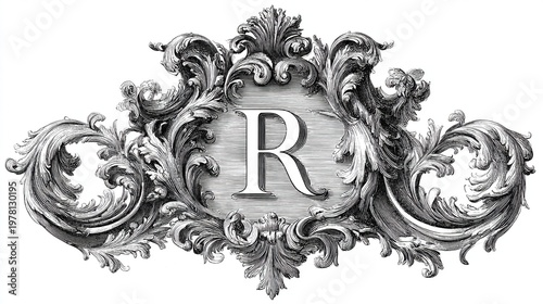 Rococo floral ornament with elegant monogram design in intricate detailing