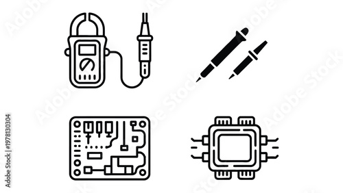 Electric Instruments: Close-up shot showcases a range of electrical instruments, from a multimeter and probes to a circuit board, representing the tools of the trade.