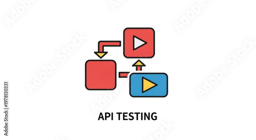 A vector graphic illustration of API testing process with play buttons and flowchart