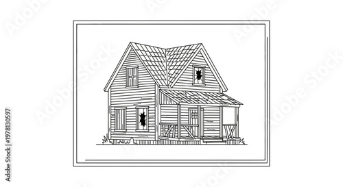 Abandoned dilapidated house with broken windows, sketch drawing, old weathered building