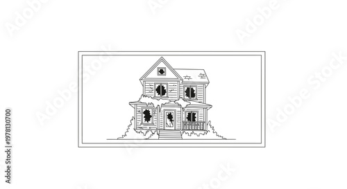 Abandoned House Sketch: Dilapidated Home with Broken Windows, Overgrown Yard
