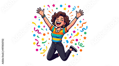 Young Woman Celebrating with Arms Raised.