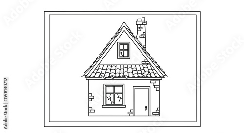 Abandoned House Outline, Broken Window, Dilapidated Building, Haunted Home Illustration