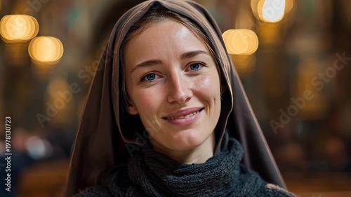Nun smiles while standing in a church during a gathering with people in the background