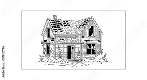 Dilapidated Abandoned House Drawing, Broken Windows, Ruined Roof, Overgrown Yard, Black and White