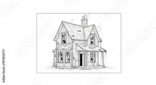 Abandoned House Sketch: Dilapidated Victorian Home with Broken Windows and Overgrown Yard