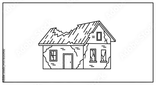 Dilapidated House Exterior with Damaged Roof and Cracked Walls - Outline Illustration