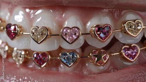 Close up view of decorative braces with heart and star designs on teeth during a dental checkup at a clinic