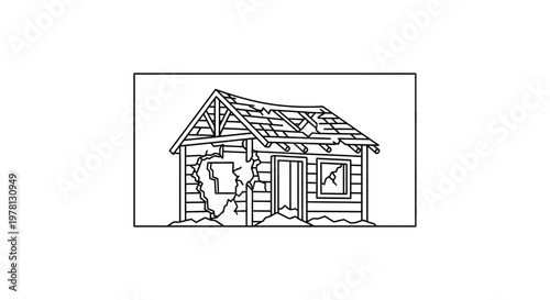 Dilapidated Shack, Ruined House, Abandoned Building, Weathered Structure, Crumbling Walls, Broken Roof