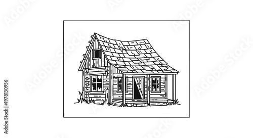 Dilapidated Wooden Cabin: Abandoned Rural House Illustration