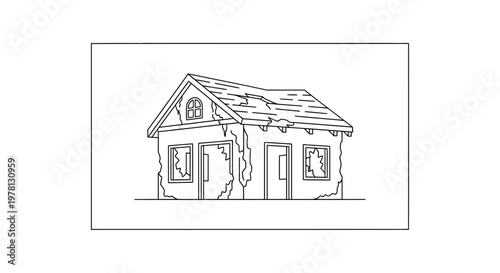 Dilapidated House Outline Drawing - Abandoned Building Sketch