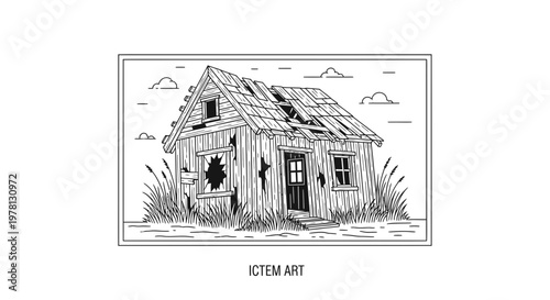 Dilapidated Wooden House Illustration: Abandoned, Ruined, and Overgrown