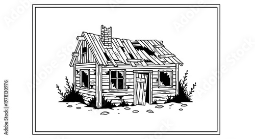 Dilapidated Wooden Cabin, Abandoned House Illustration, Rustic Rural Dwelling