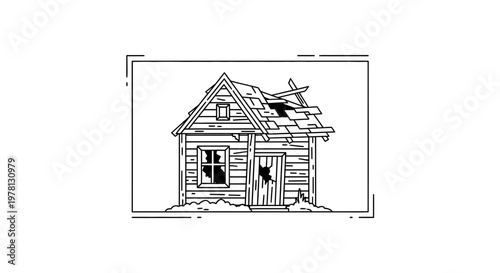 Dilapidated Wooden Shack with Broken Roof and Windows, Abandoned House Illustration