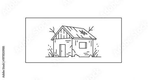 Drawn Abandoned House Illustration, Dilapidated Home Sketch, Rural Dwelling Outline