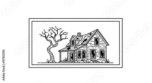 Abandoned Old House and Dead Tree in a Rural Landscape