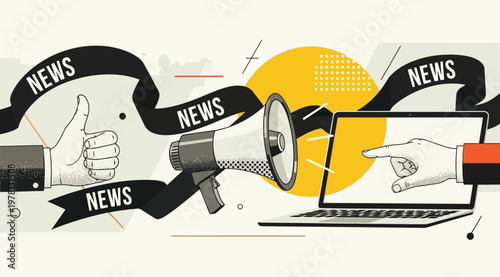News and media illustration with hand holding megaphone and laptop on a yellow and green background