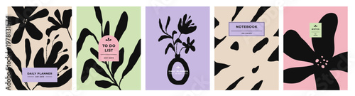 Abstract botanical planner cover set or card set, minimalist black leaf shapes, modern notebook design, pastel background vector