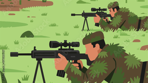 Illustration Of A Military Sniper In Camouflage Clothing Aiming A Rifle In The Field Vector Design Template