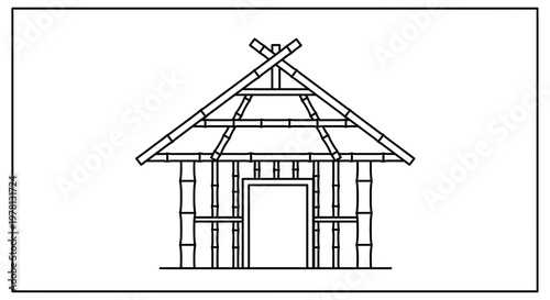 Bamboo Hut Construction Outline Drawing, Traditional Tropical Dwelling
