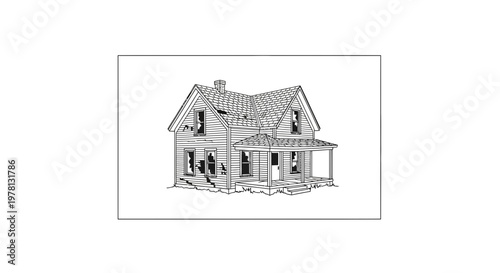 Abandoned Old House Illustration - Dilapidated Rural Home Sketch
