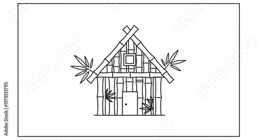Bamboo Hut House Outline Drawing, Traditional Asian Architecture, Simple Rustic Dwelling