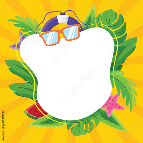 Summer tropical background with leaves, sunglasses, and lifebuoy