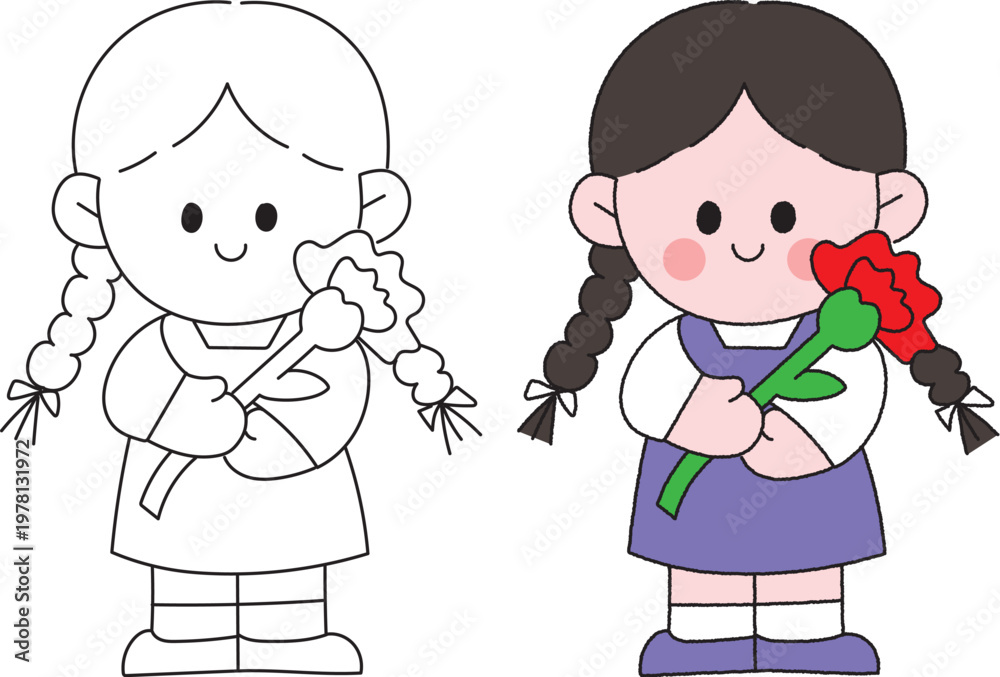 Cute Little Girl Holding Red Flower Cartoon Illustration