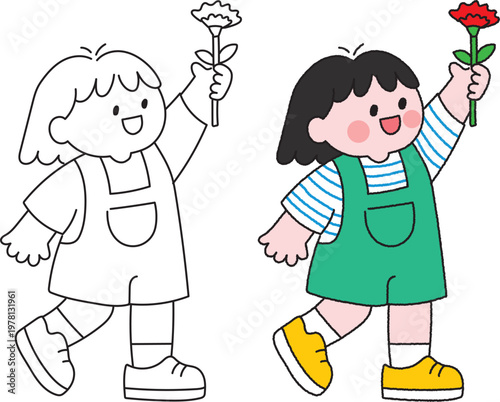 Cute Little Girl Holding Flower Up Cartoon Illustration