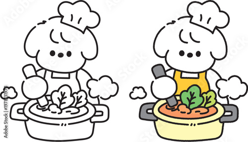 Cute Puppy Chef Cooking Soup Cartoon Illustration