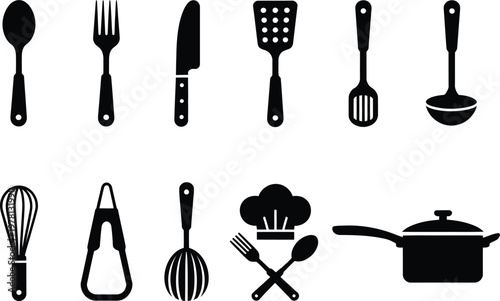 Kitchen Utensil Silhouette Icon Set, Cooking Tools and Black Kitchenware Outline Icons Collection for Culinary, Food Preparation, Restaurant, Menu Design, Vector Illustration for Web and Apps
