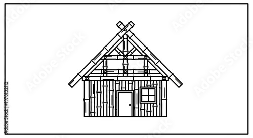 Bamboo Hut Illustration: Rustic Dwelling with Thatched Roof and Simple Doorway