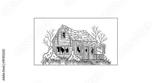Abandoned Old House Illustration, Dilapidated Building, Overgrown Yard, Broken Windows, Rural Decay