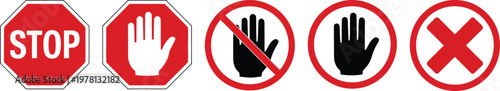 stop and prohibition signs with hand gestures and cross symbols isolated on white background for safety design.