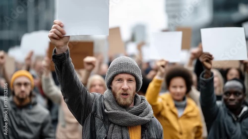 Group of people at protest holding blank signs to express their views in a city setting