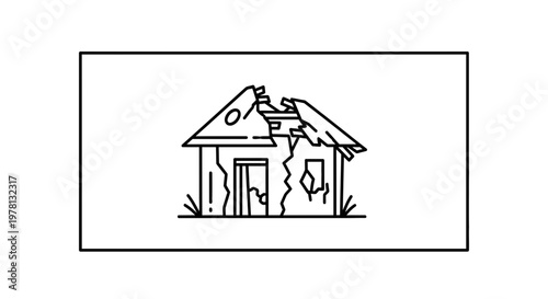 Abandoned ruined house, broken roof, cracked walls, overgrown with grass, symbol of decay and neglect