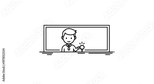 Cartoon teacher with light bulb idea in front of blackboard, education concept