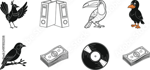 Birds, vinyl record, money stacks and office folders icon set featuring crow, toucan and retro music disc vector illustration