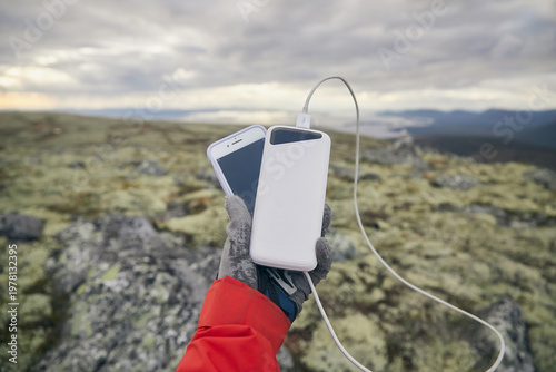 A person's hand holds a phone charger from a power bank
