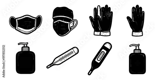 Medical equipment and protective items illustration on black background