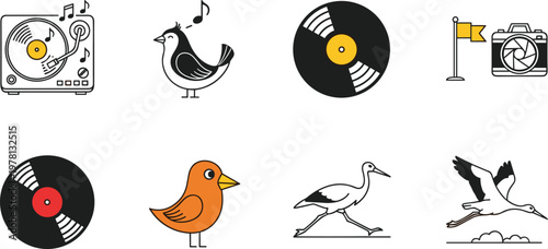 Music and bird icon set featuring vinyl record, turntable player, singing birds, flying crane and camera photography symbols vector