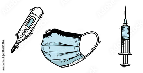 Medical equipment illustration thermometer mask and syringe on dark background