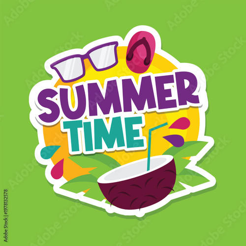 Summer time vector illustration with coconut drink and beach accessories