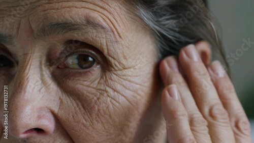 Close-up of an elderly woman gently touching her temple, highlighting the beauty and texture of aging skin

